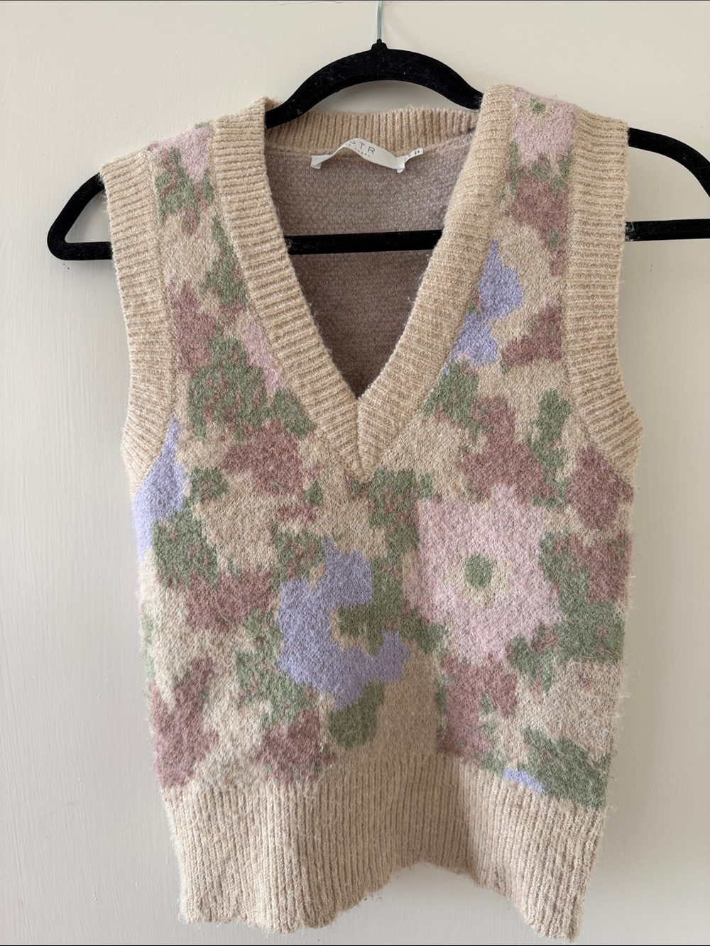 Astr Pastel Floral Knit V-Neck Sweater Vest in Beige, Pink & Green